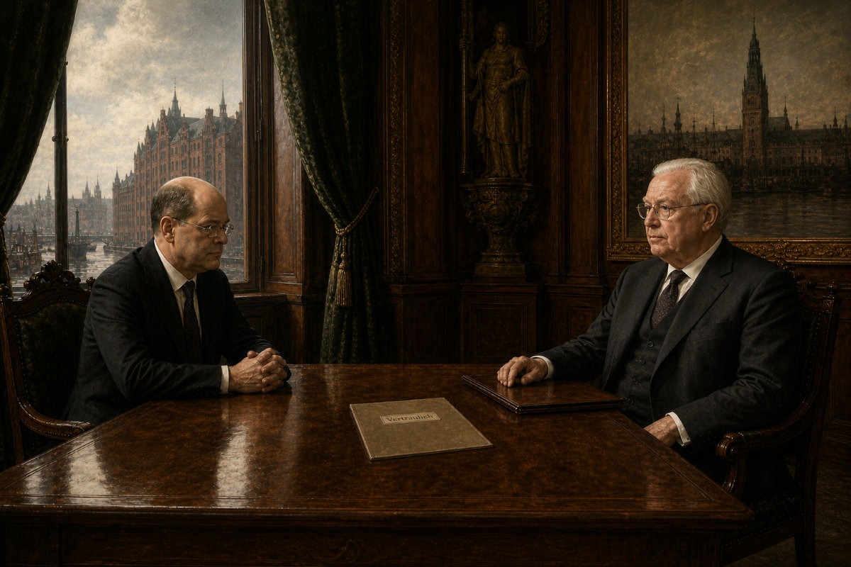 KI-generierte Illustration: Olaf Scholz und Christian Olearius sitzen sich an einem Tisch in einem Hamburger Amtszimmer gegenüber