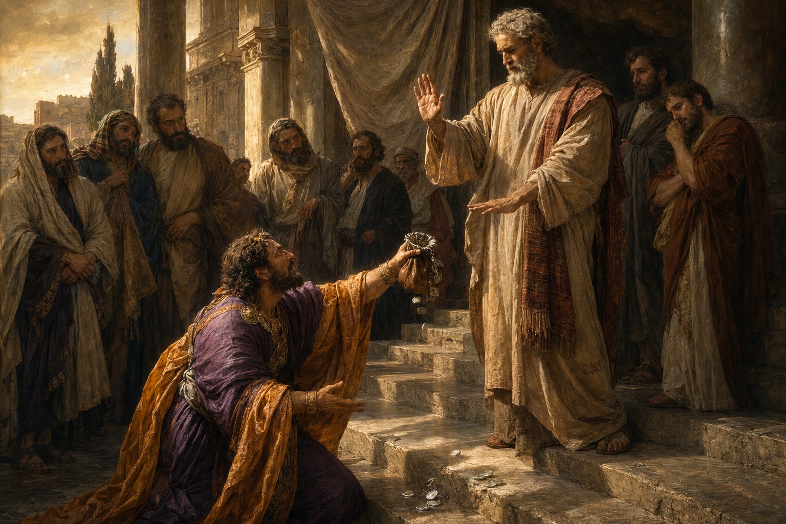 KI-generierte Illustration: Simon Magus kniet mit einem Beutel Geld vor dem Apostel Petrus, der abwehrend die Hand hebt