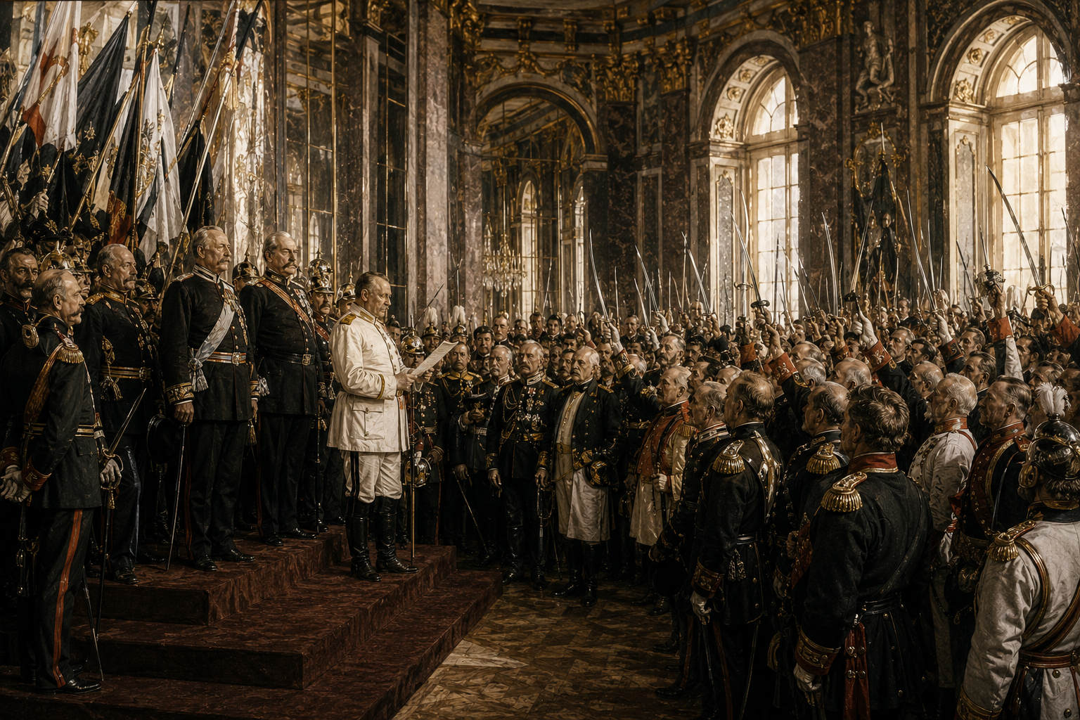 KI-generierte Illustration im Stil eines Historiengemäldes: Proklamation vor Offizieren in Galauniform in einem Prunksaal