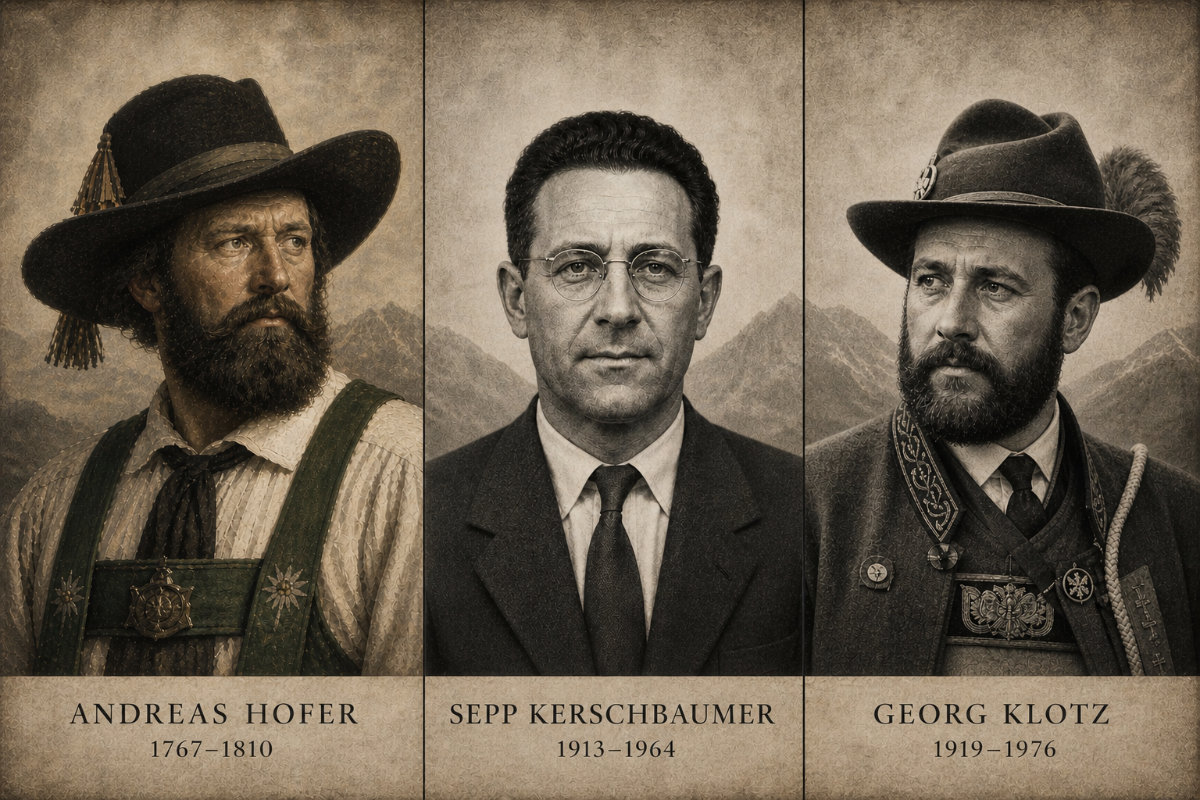 KI-generierte Illustration: Porträts der Südtiroler Freiheitskämpfer Andreas Hofer, Sepp Kerschbaumer und Georg Klotz