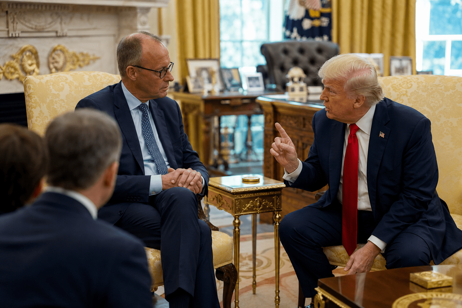 KI-generierte Illustration: Donald Trump und Friedrich Merz im Gespräch im Oval Office