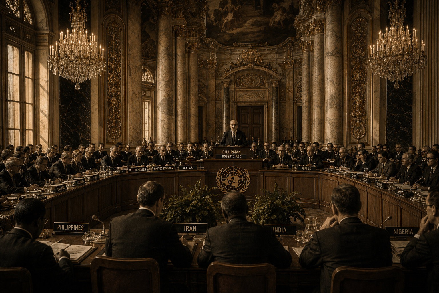 KI-generierte Illustration: Delegierte an Länderschildern in einem prunkvollen Konferenzsaal mit UN-Emblem