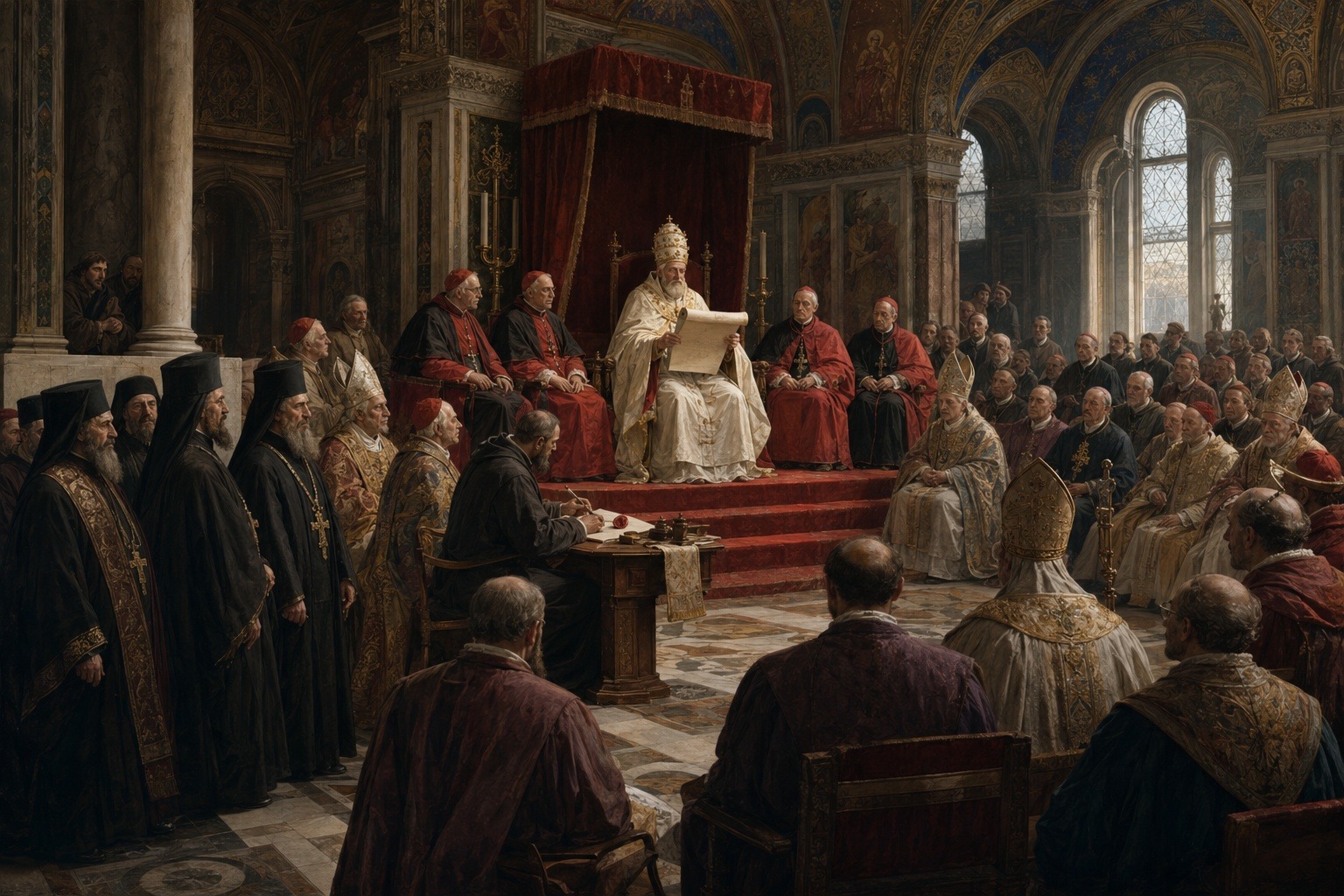 KI-generierte Illustration: Der Papst verkündet vor Kardinälen und Bischöfen von seinem Thron aus eine Bulle