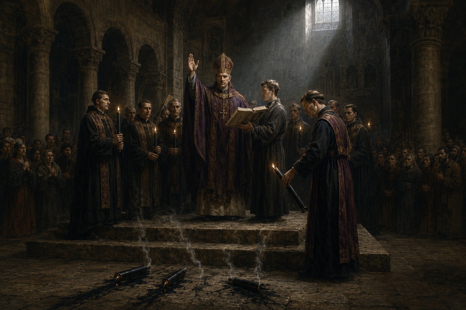 KI-generierte Illustration: Ein Bischof spricht in einer düsteren Kirche den Bann aus, am Boden liegen gelöschte Kerzen