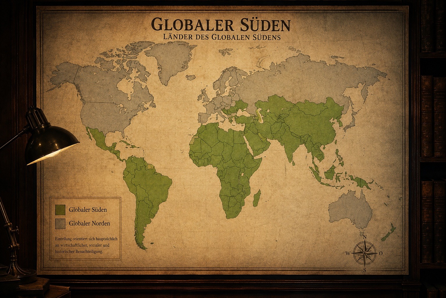 KI-generierte Illustration: Weltkarte „Globaler Süden“, auf der die Länder des Globalen Südens grün hervorgehoben sind
