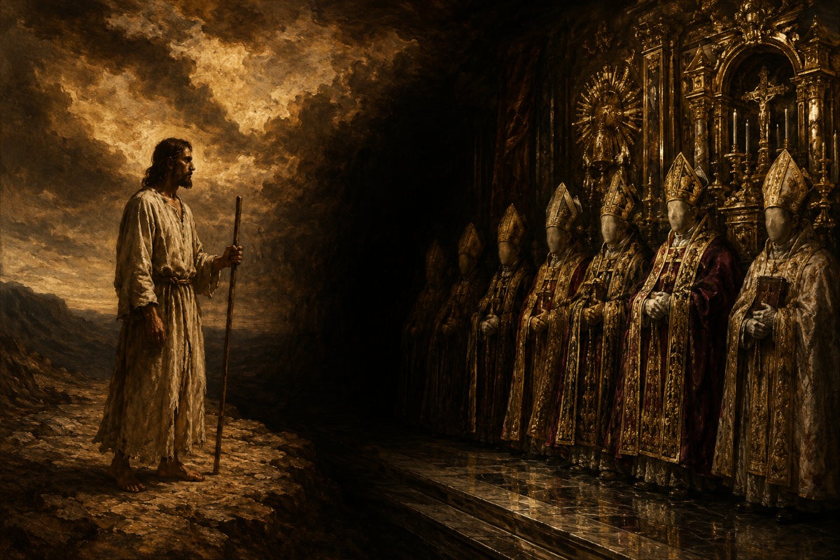 KI-generierte Illustration: Jesus mit Wanderstab steht abseits einer Reihe prunkvoll gekleideter Bischöfe