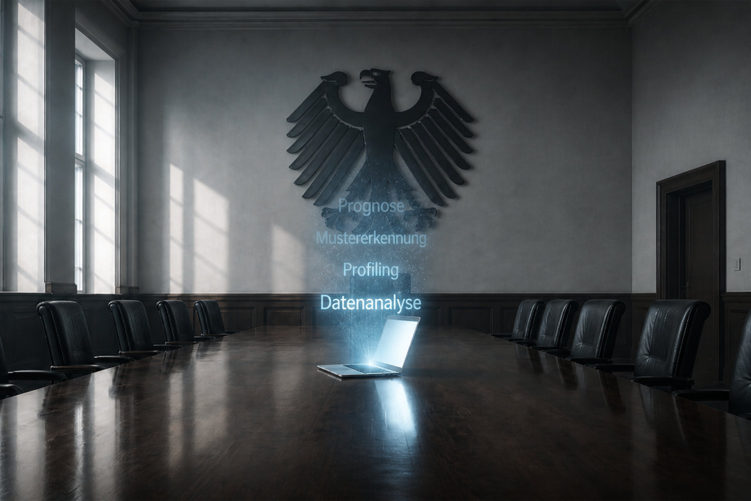 KI-generierte Illustration: Leerer Sitzungssaal mit Bundesadler, darunter leuchten die Begriffe Prognose, Mustererkennung, Profiling und Datenanalyse über einem Laptop