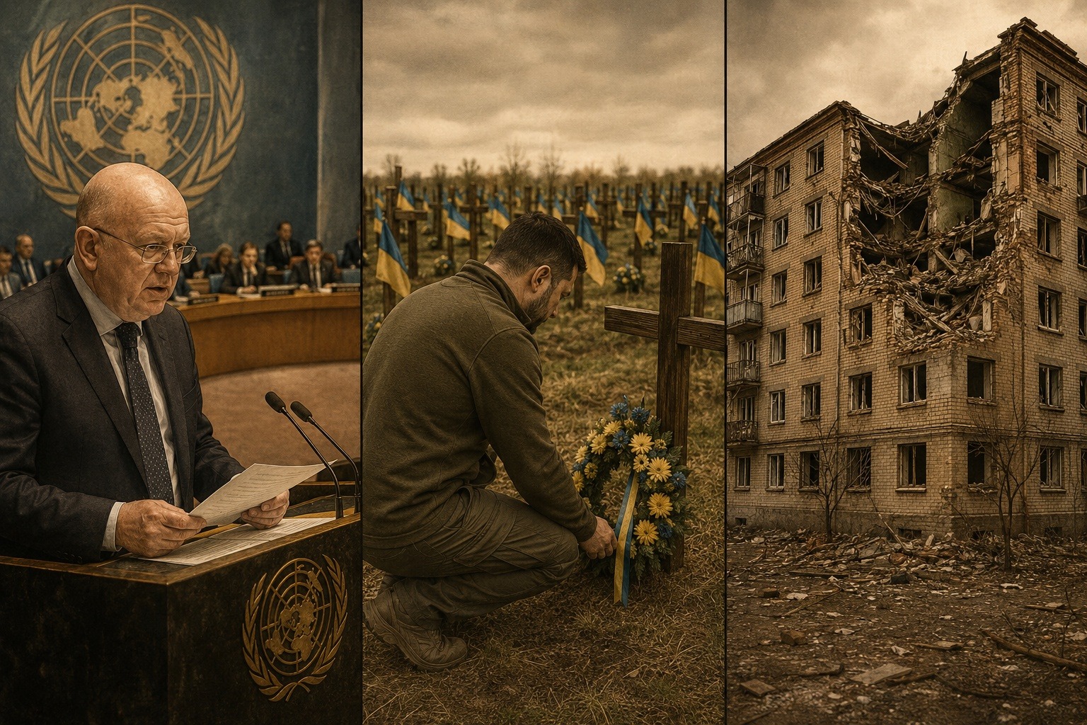 KI-generierte Bildmontage in drei Teilen: Wassili Nebensja vor dem UN-Sicherheitsrat, Wolodymyr Selenskyj an einem Soldatengrab, das beschädigte Internat in Starobelsk
