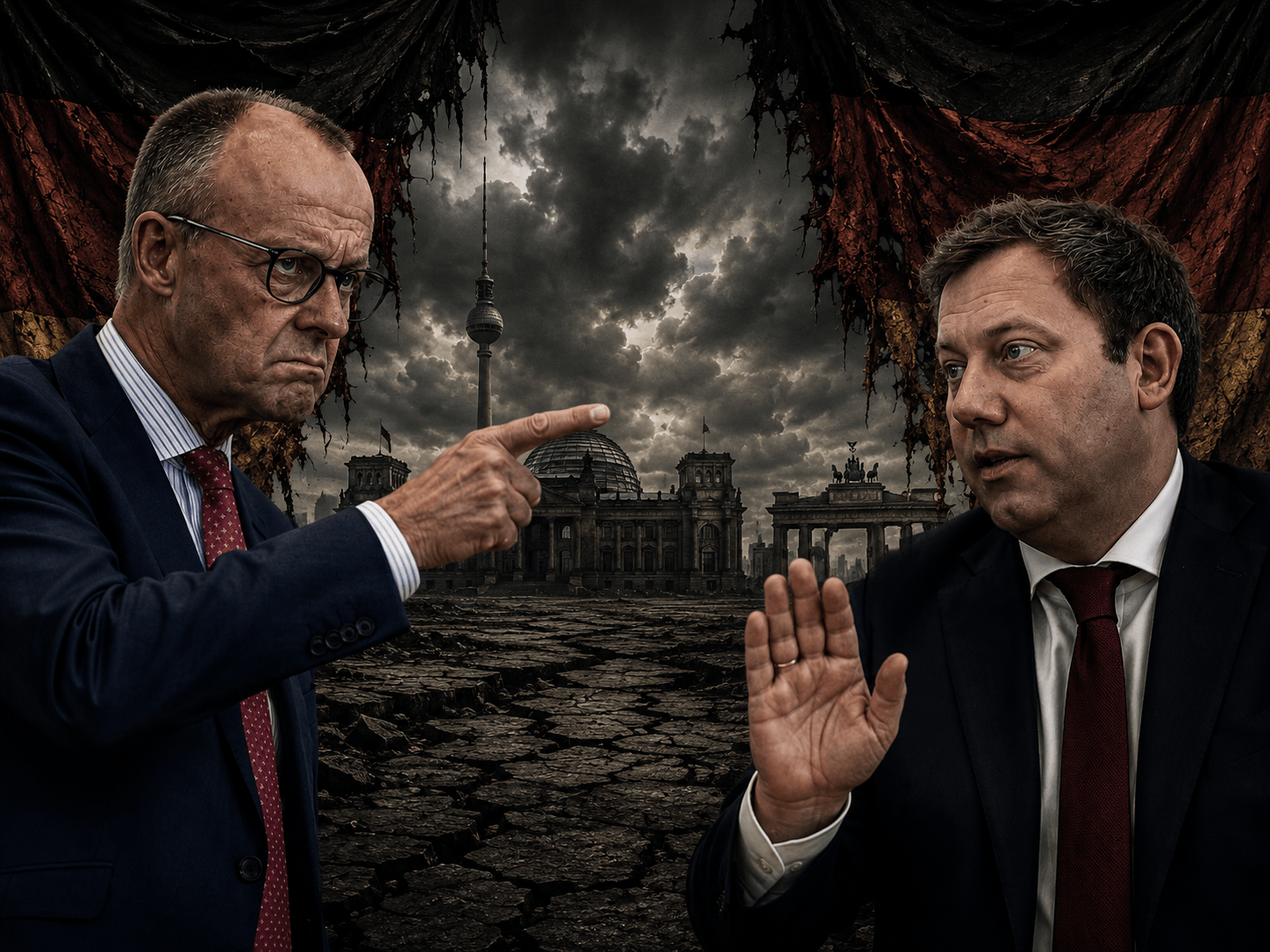 KI-generierte Illustration: Friedrich Merz und Lars Klingbeil im Streit vor einem düsteren Berlin auf rissigem Boden