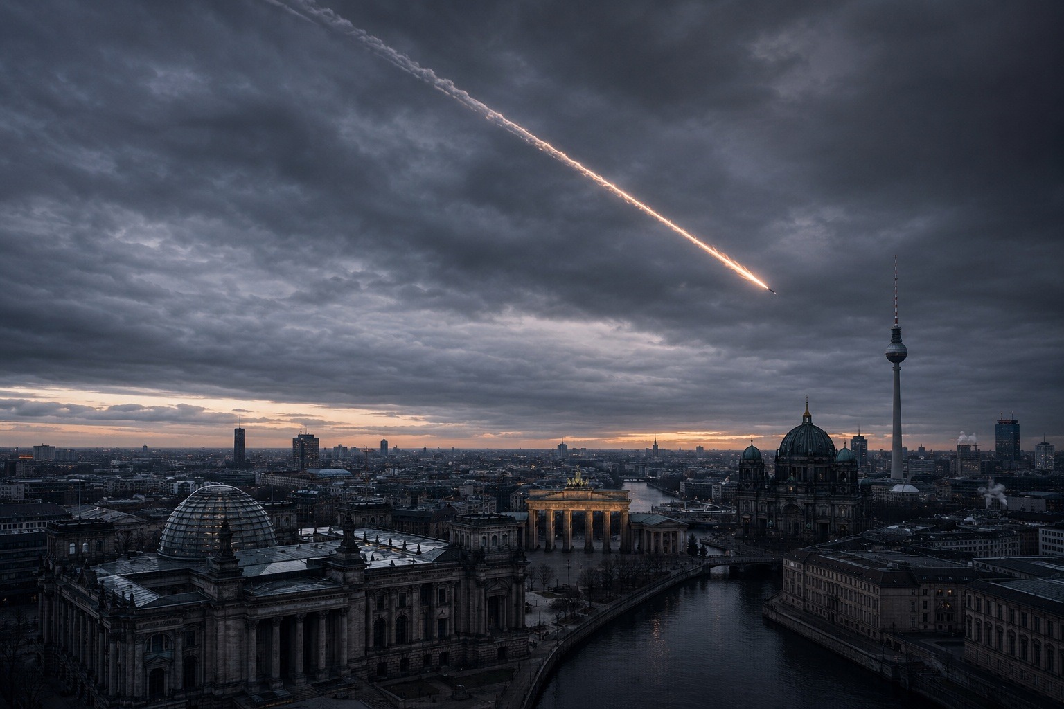 KI-generierte Fotomontage: Ein Raketenschweif zieht über den Abendhimmel von Berlin mit Reichstag, Brandenburger Tor und Fernsehturm