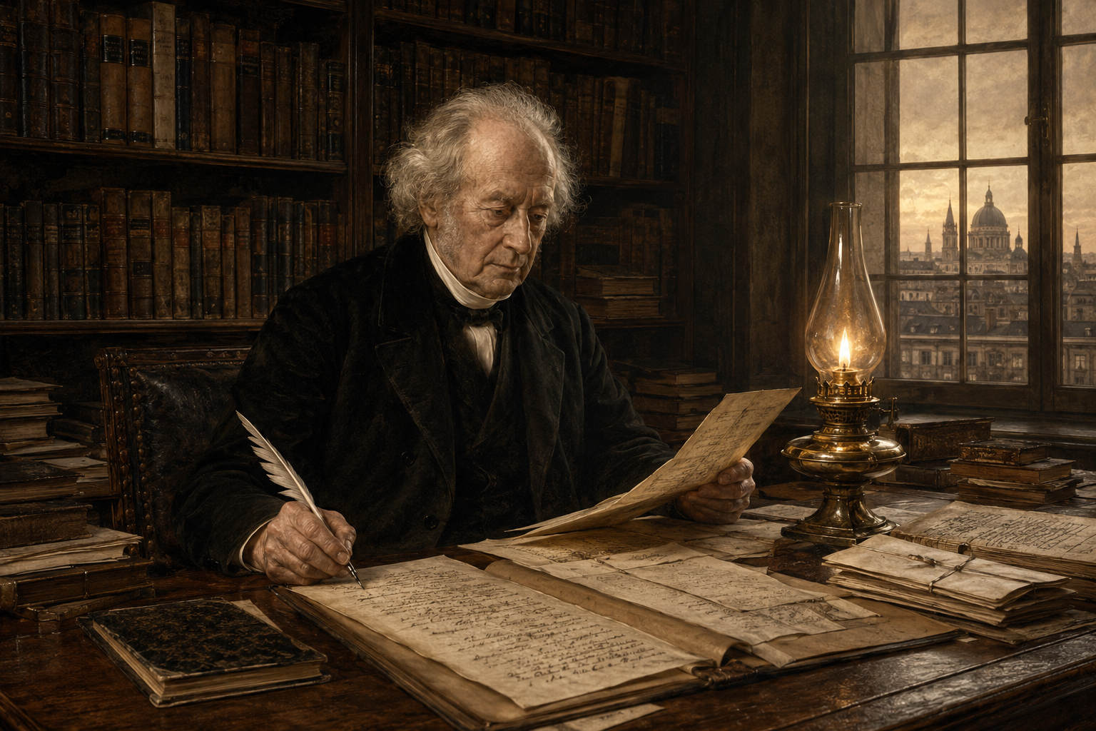 KI-generierte Illustration: Ein alter Gelehrter prüft bei Lampenlicht historische Schriften in einer Bibliothek