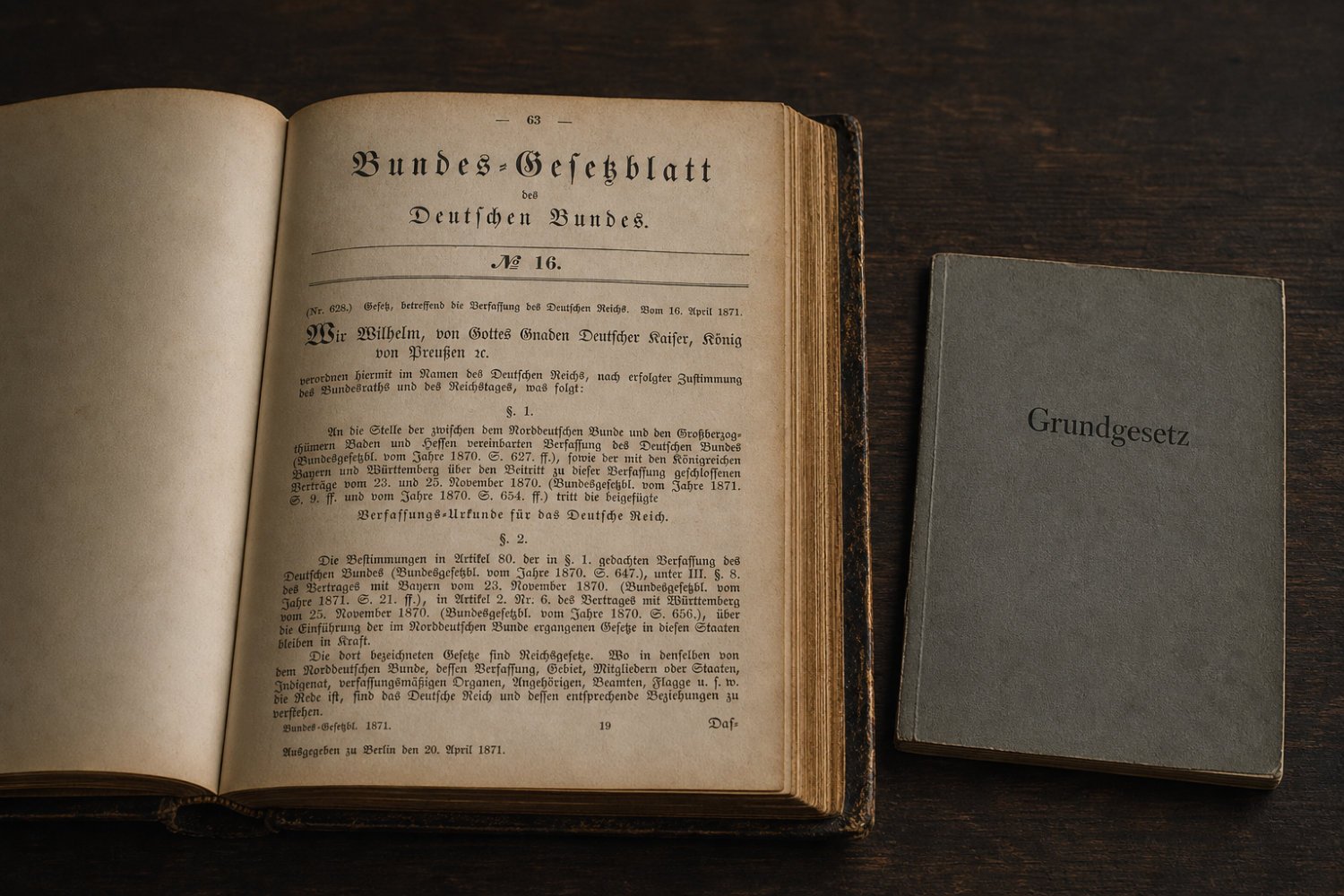 KI-generierte Illustration: Aufgeschlagenes Bundes-Gesetzblatt des Deutschen Bundes neben einer Ausgabe des Grundgesetzes