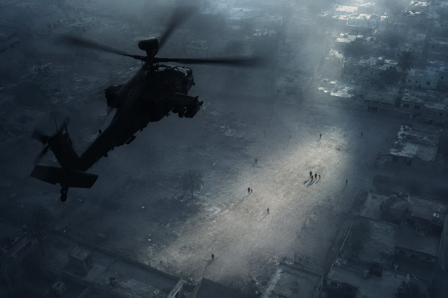 KI-generierte Illustration: Silhouette eines Apache-Kampfhubschraubers über einem Vorort von Bagdad, angelehnt an das von Wikileaks veröffentlichte Bordvideo