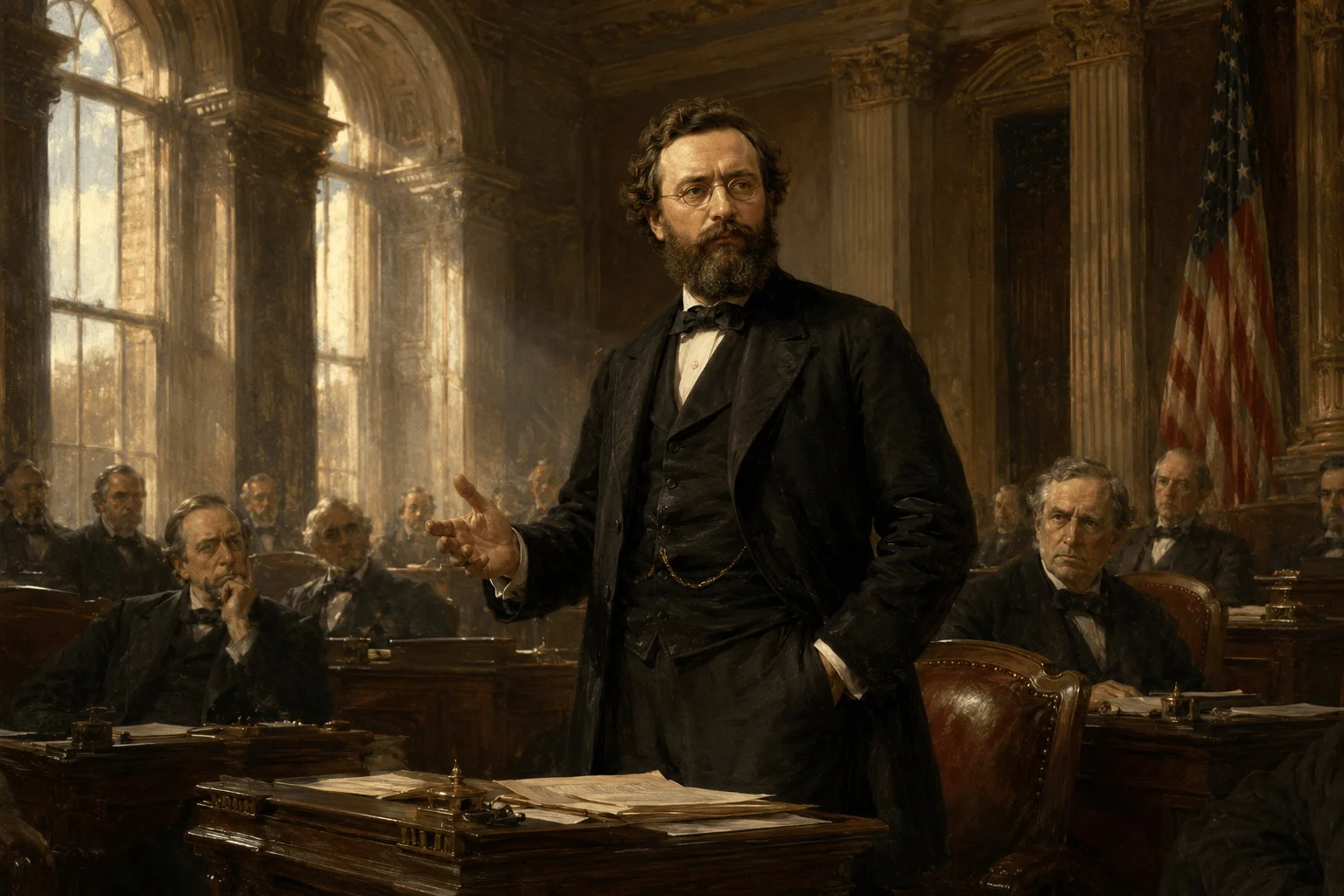 KI-generierte Illustration: Carl Schurz spricht im US-Senat des 19. Jahrhunderts