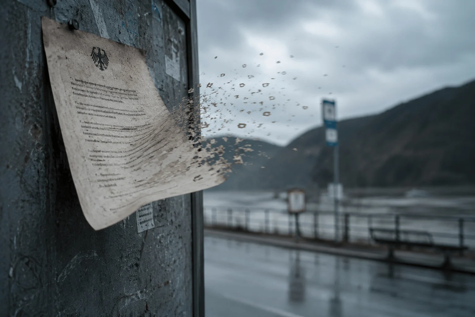 KI-generierte Illustration: Ein verwittertes Behördenschreiben mit Bundesadler löst sich an einem Pfosten im Wind in Fetzen auf