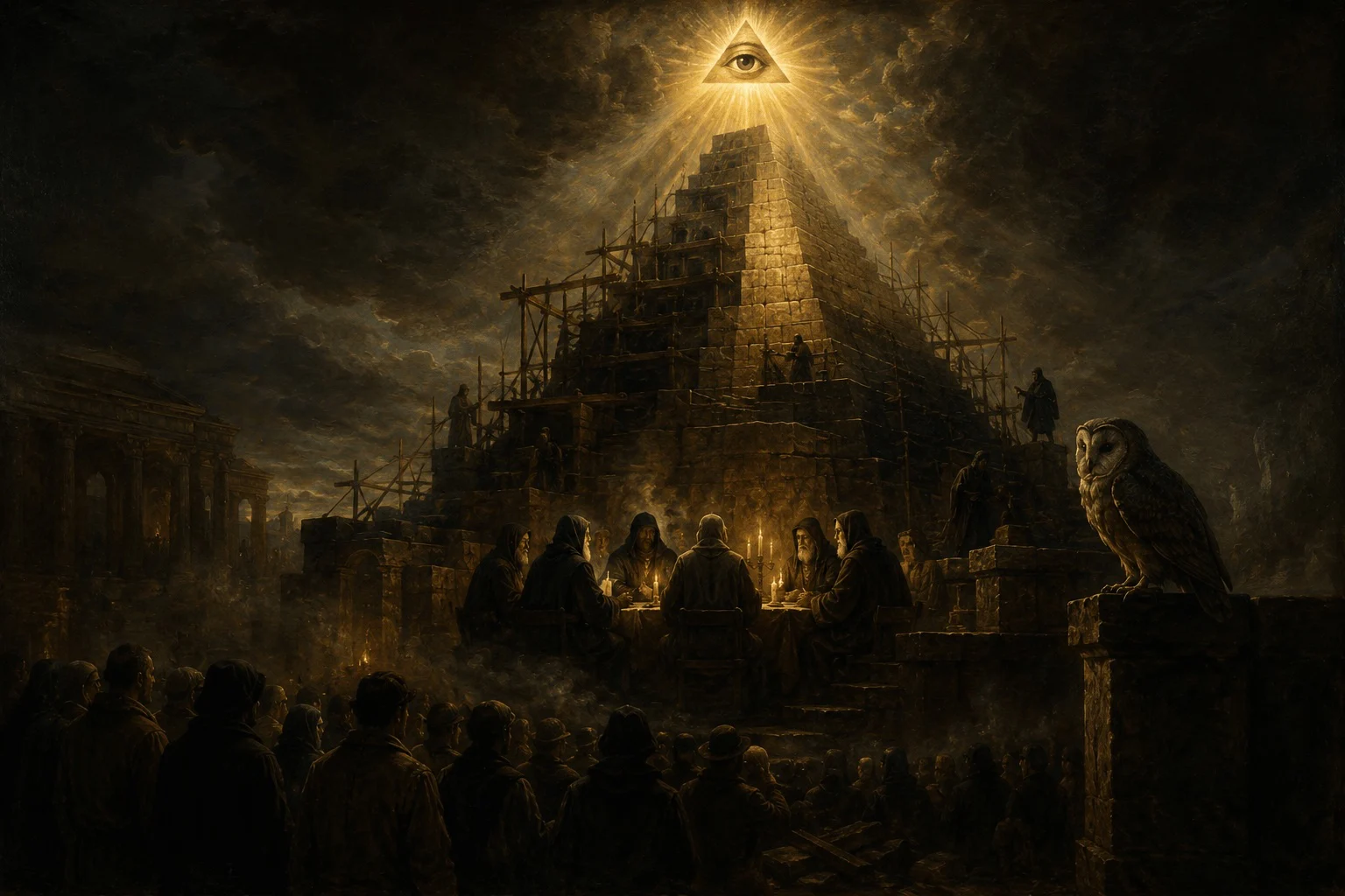 KI-generierte Illustration: Menschenmenge vor einer Pyramide mit leuchtendem Auge, an deren Fuß eine kleine Runde bei Kerzenlicht tagt