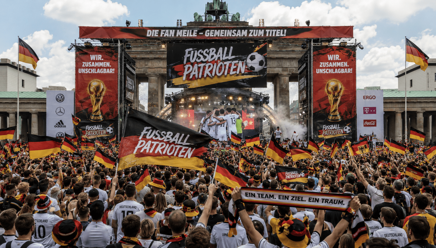 KI-generierte Illustration: Tausende Fans in Schwarz-Rot-Gold auf der Fanmeile vor dem Brandenburger Tor, Banner „Fussball-Patrioten“