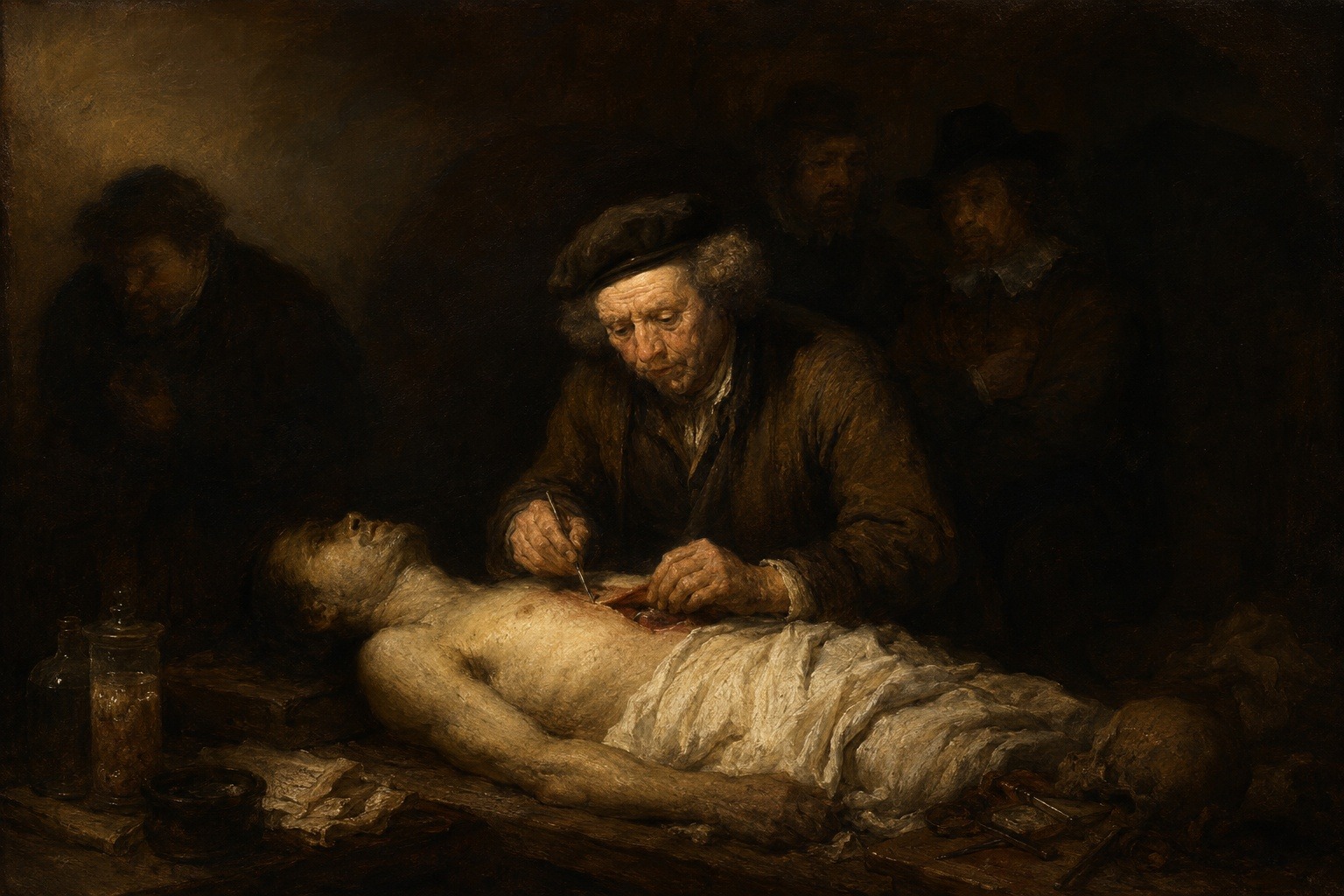 KI-generierte Illustration im Stil Rembrandts: Ein Arzt führt bei Kerzenlicht eine Obduktion durch, umringt von Zuschauern