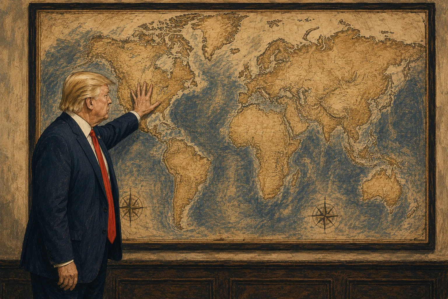 KI-generierte Illustration: Donald Trump legt die Hand auf eine große antike Weltkarte