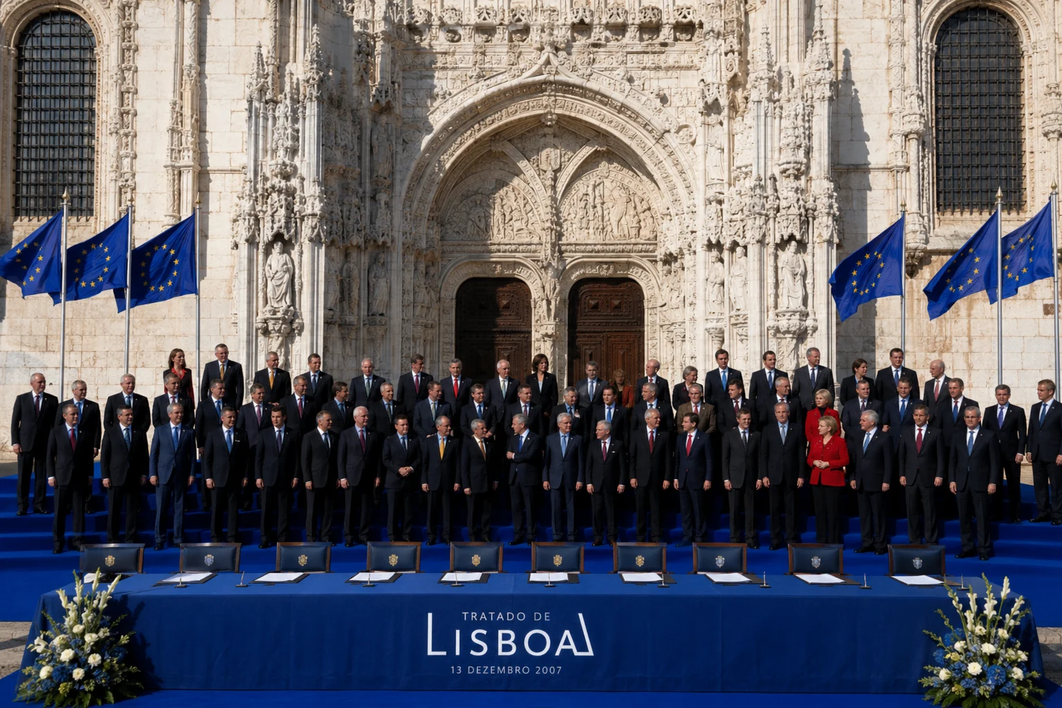 KI-generierte Illustration: Gruppenbild der Staats- und Regierungschefs bei der Unterzeichnung des Vertrags von Lissabon 2007 vor einem gotischen Klosterportal
