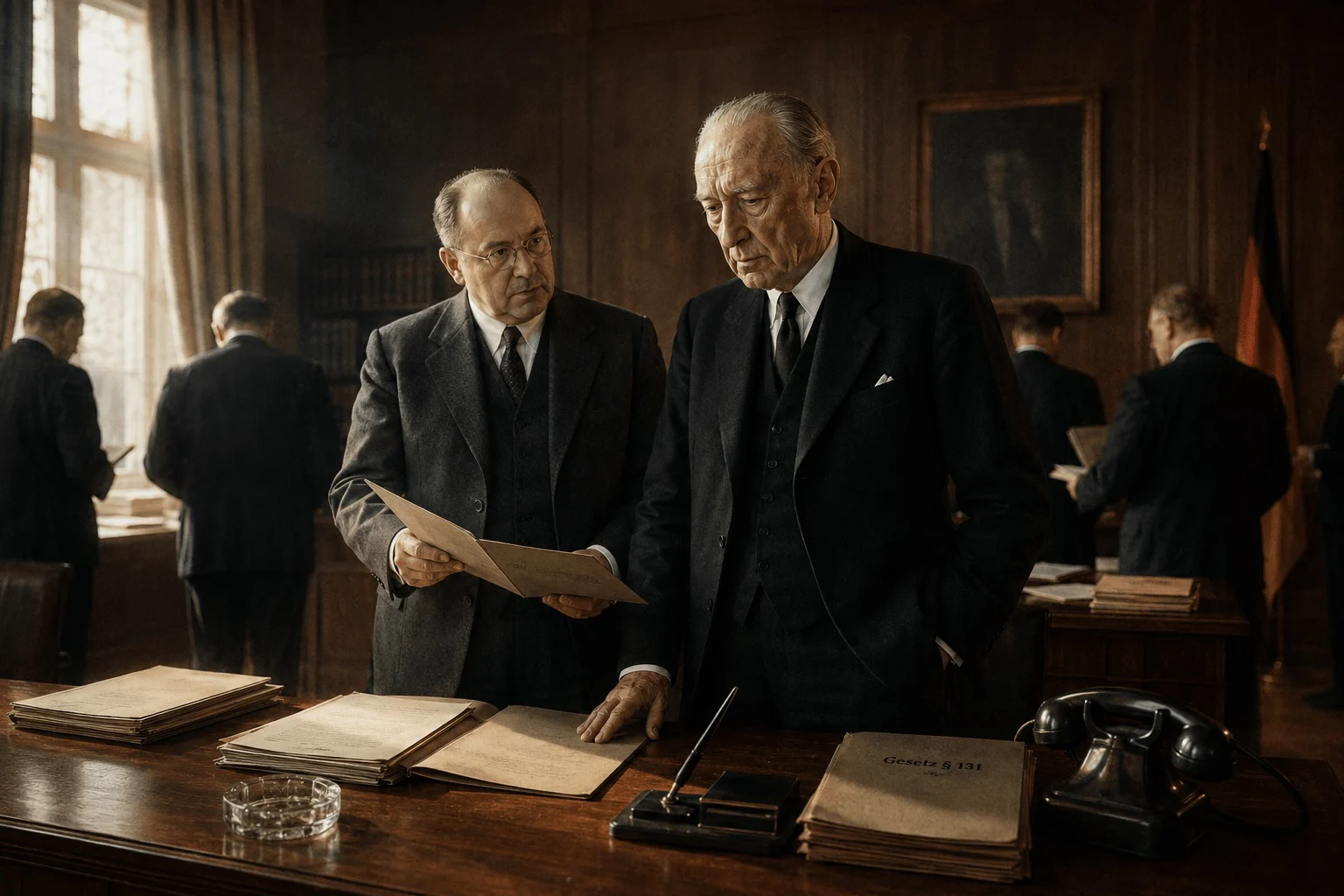 KI-generierte Illustration: Konrad Adenauer und Hans Globke 1951 in einem holzgetäfelten Amtszimmer