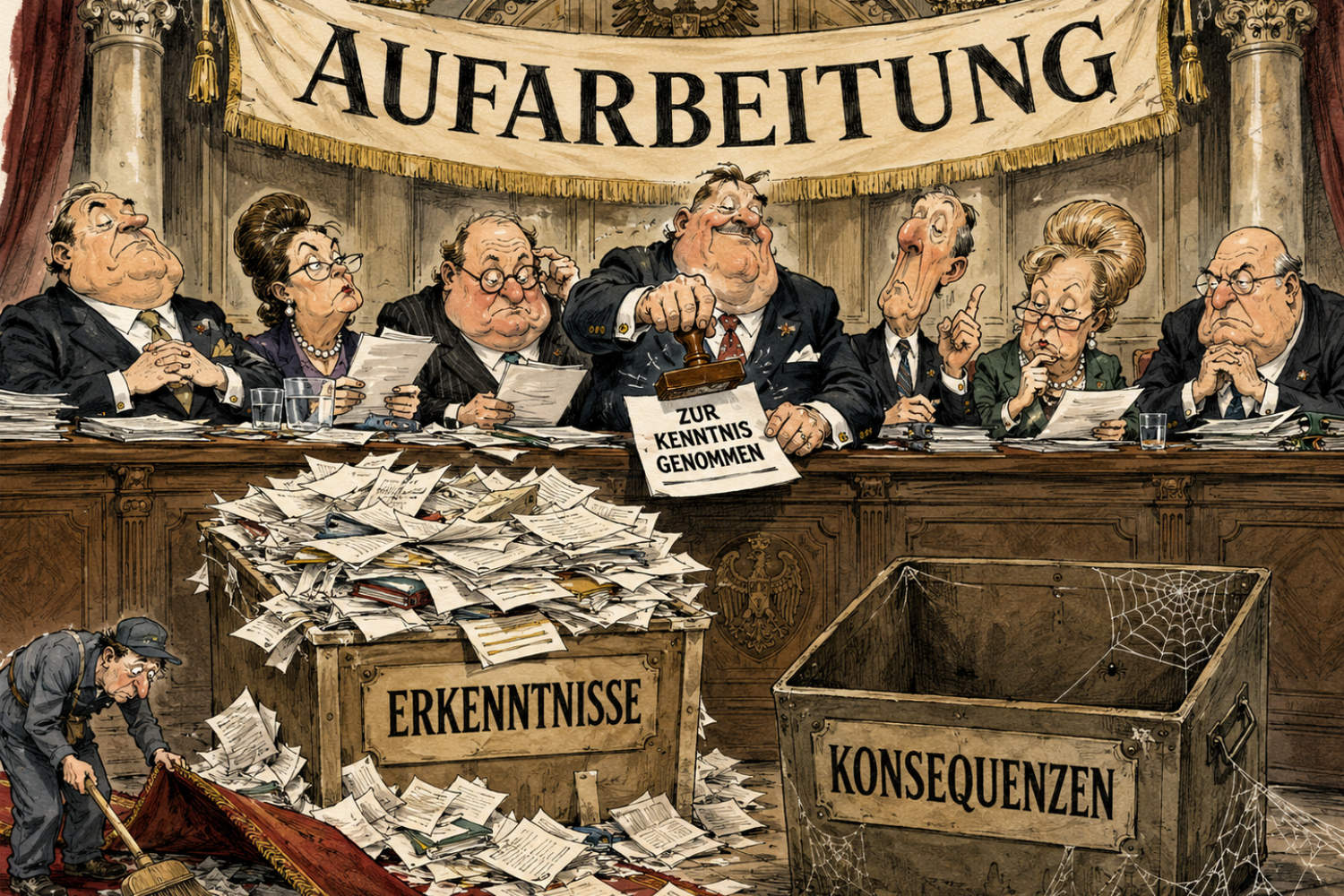 KI-generierte Karikatur: Ein Gremium unter dem Banner „Aufarbeitung“ stempelt „Zur Kenntnis genommen“, davor eine volle Kiste „Erkenntnisse“ und eine leere Kiste „Konsequenzen“