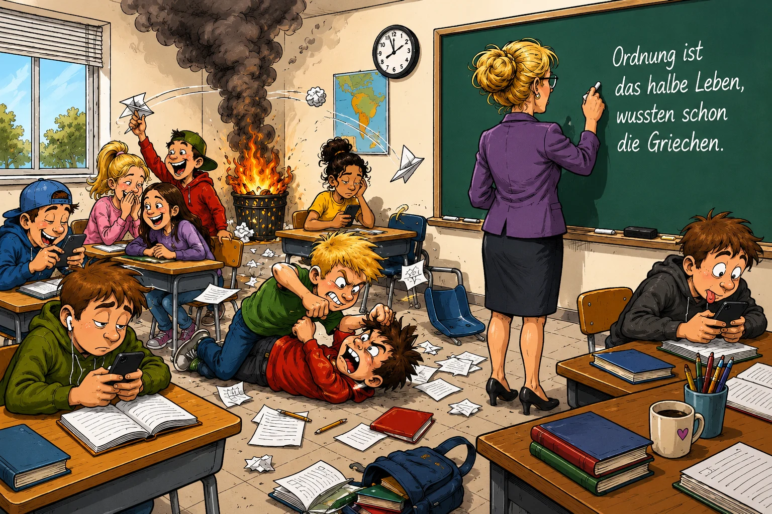 Comic-Illustration eines chaotischen Klassenzimmers: Schüler am Smartphone, Papierflieger und ein brennender Papierkorb, während die Lehrerin an die Tafel schreibt ‚Ordnung ist das halbe Leben‘