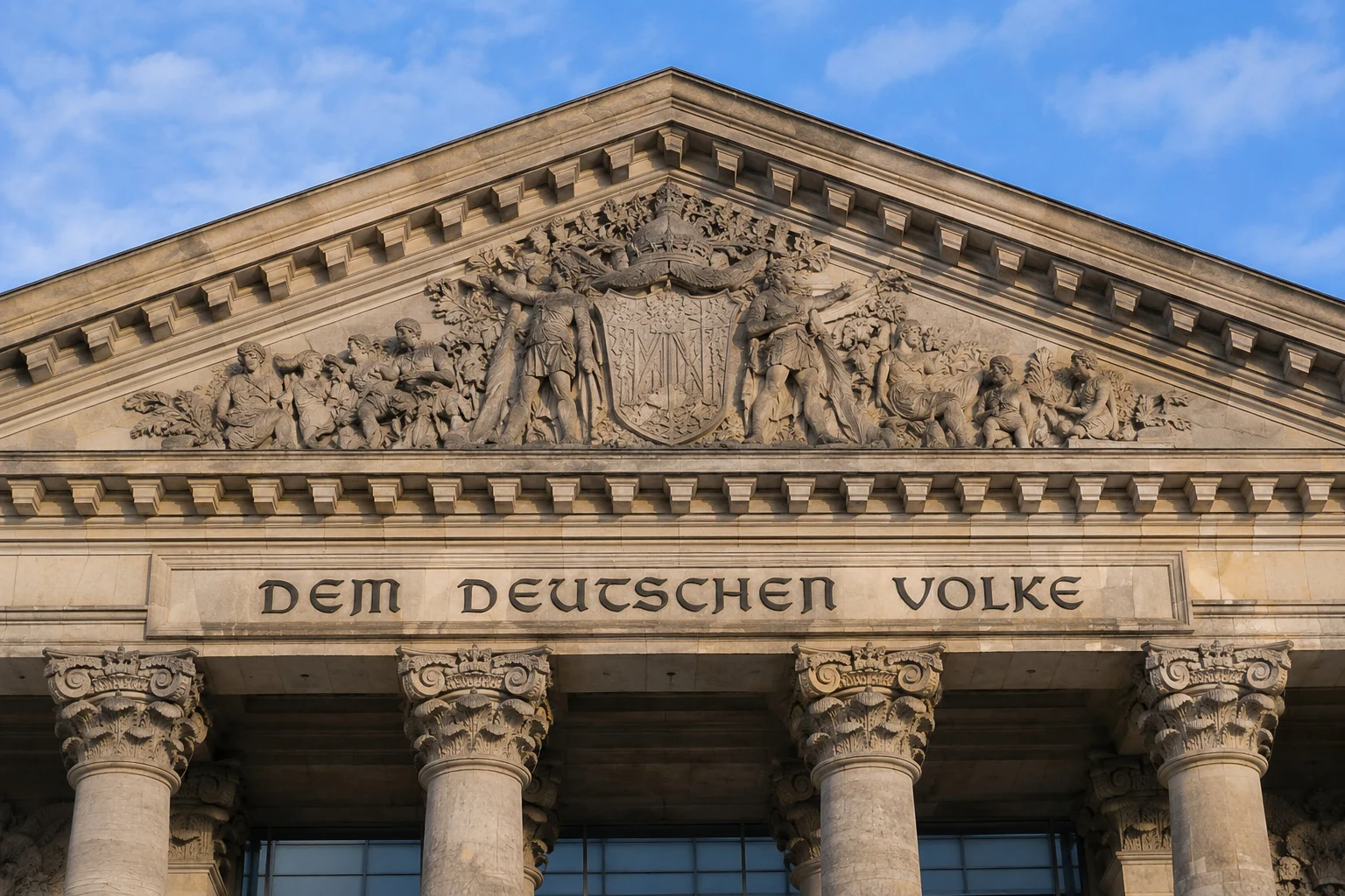KI-generierte Illustration: Giebel des Reichstagsgebäudes mit der Inschrift „Dem deutschen Volke“