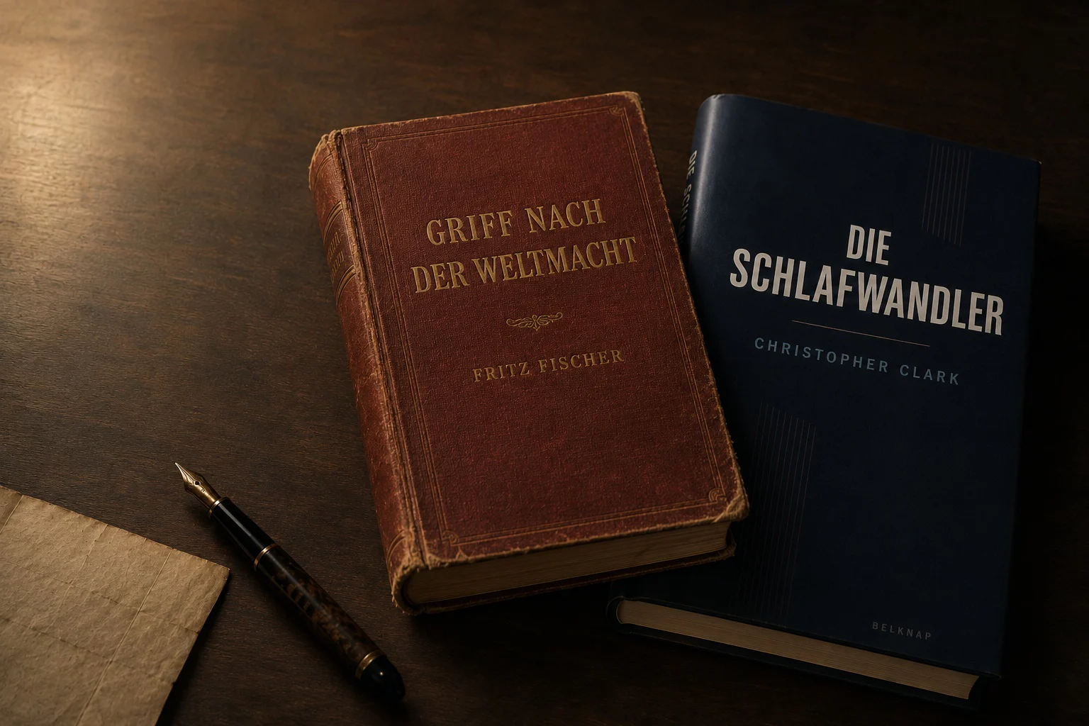 KI-generierte Illustration: Fritz Fischers „Griff nach der Weltmacht“ und Christopher Clarks „Die Schlafwandler“ auf einem Schreibtisch