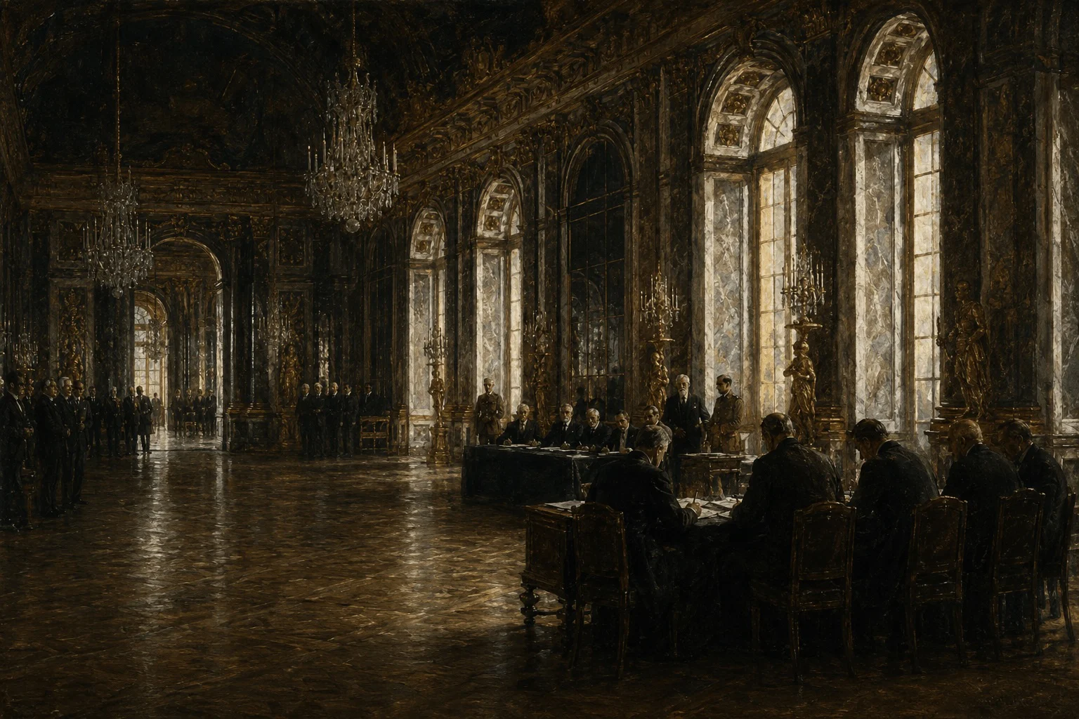 KI-generierte Illustration im Stil eines Gemäldes: Verhandlungstisch im Spiegelsaal von Versailles 1919