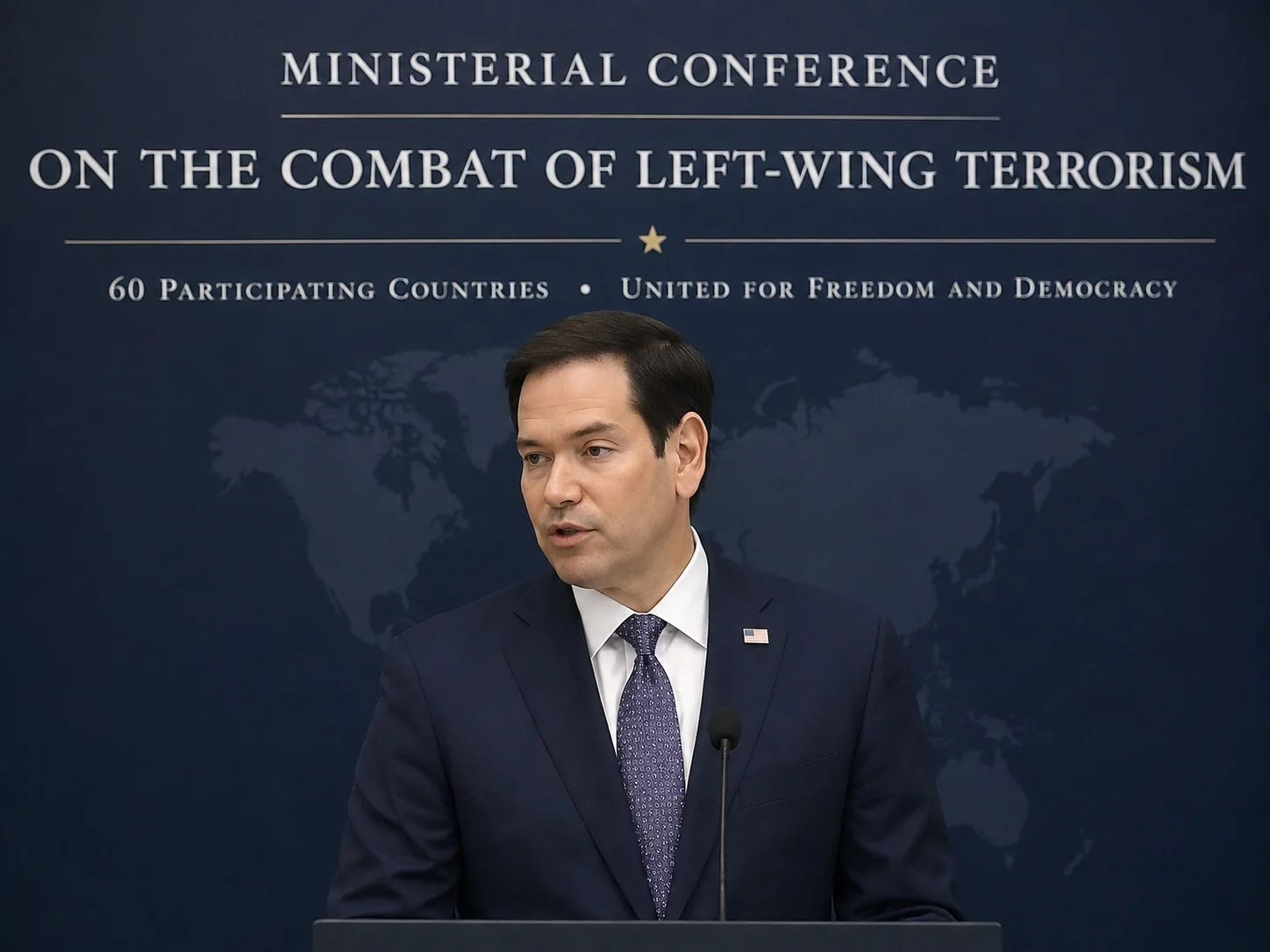KI-generierte Illustration: Marco Rubio spricht bei einer Ministerkonferenz zur Bekämpfung des Linksterrorismus