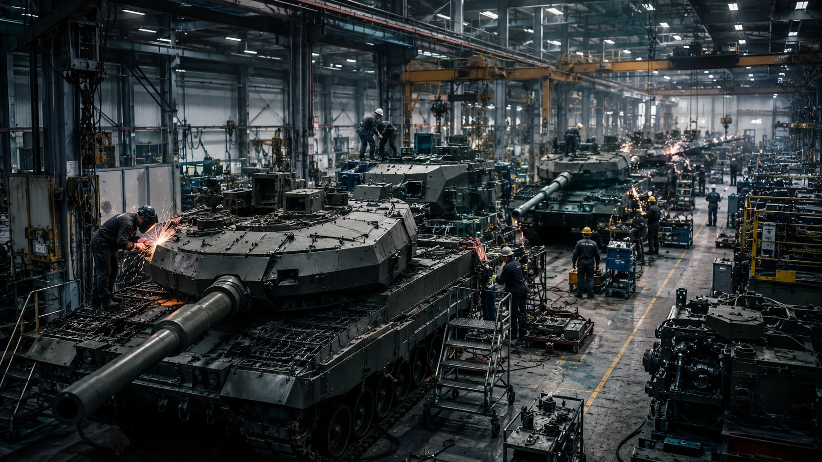 KI-generierte Illustration: Kampfpanzer in einer Produktionshalle, Arbeiter beim Schweißen