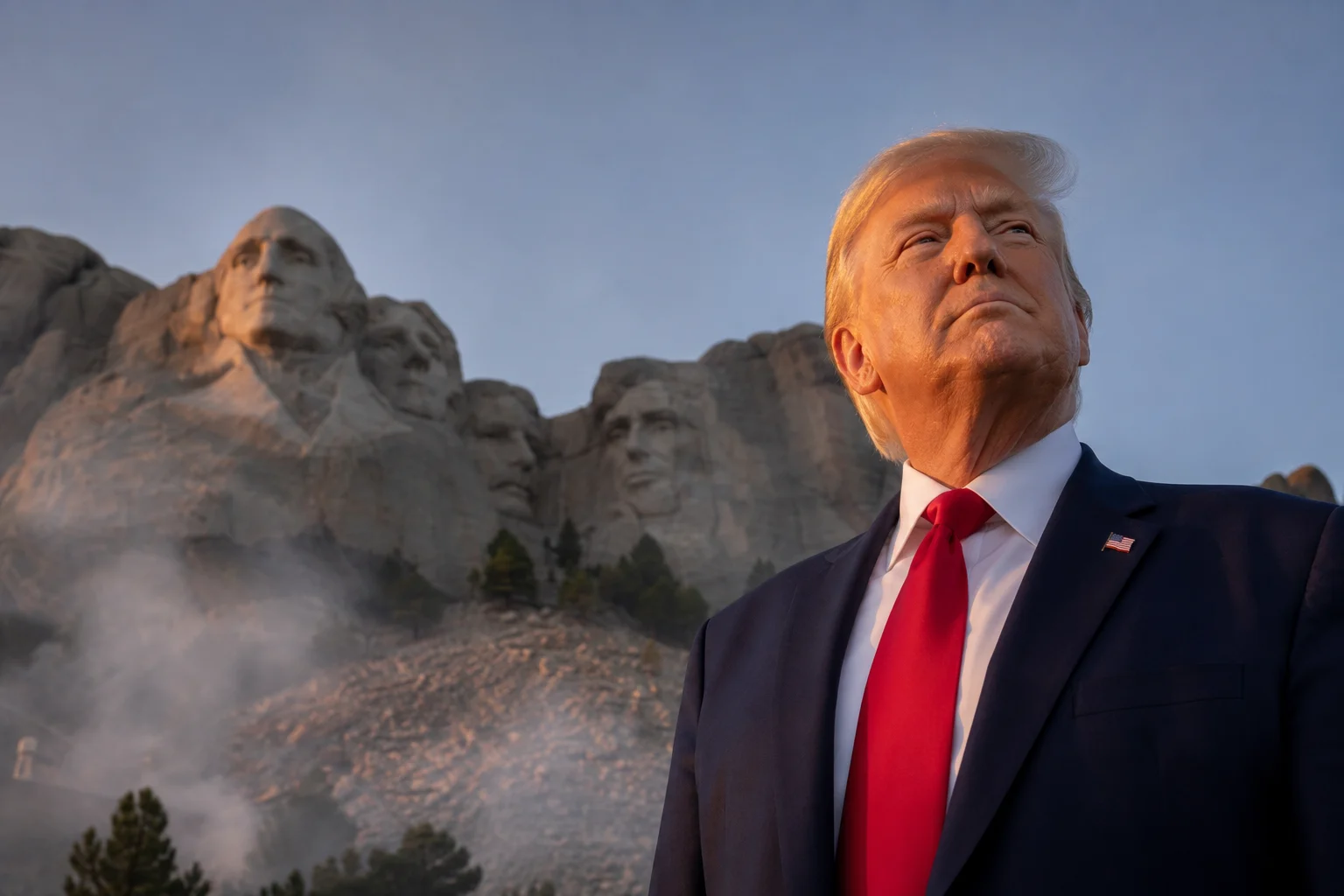 KI-generierte Illustration: Donald Trump vor dem Mount Rushmore National Memorial in der Abenddämmerung