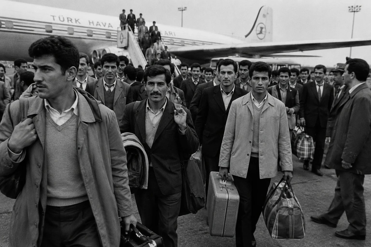 KI-generierte Illustration im Stil eines Schwarzweißfotos: Türkische Gastarbeiter kommen in den 1960er-Jahren mit Koffern am Flughafen an, hinten eine Maschine der Türk Hava Yolları