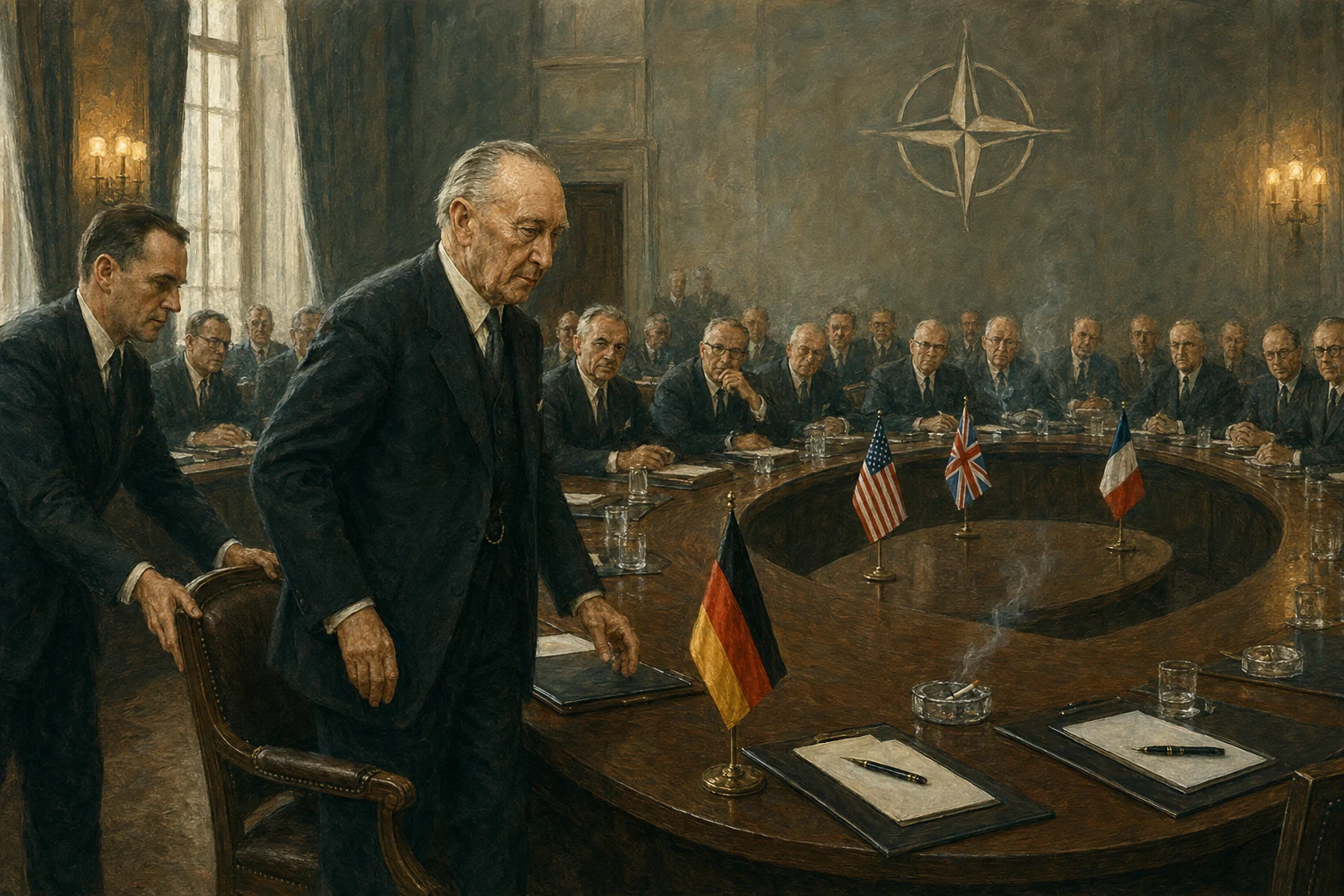 KI-generiertes Gemälde: Deutsche Delegation an einem Konferenztisch unter dem NATO-Emblem, mit deutscher, amerikanischer und französischer Flagge