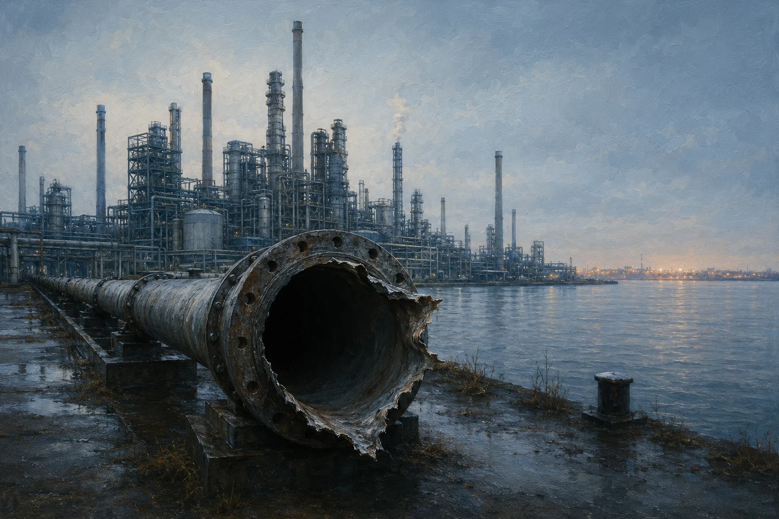 KI-generiertes Gemälde: Zerborstenes Pipelinerohr am Ufer vor einer Industrieanlage in der Abenddämmerung