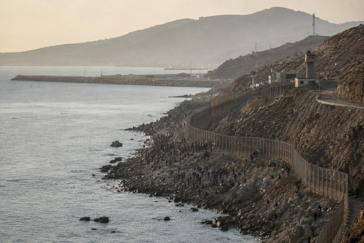 KI-generierte Illustration: Grenzzaun entlang der felsigen Küste von Ceuta, im Hintergrund marokkanische Hügel