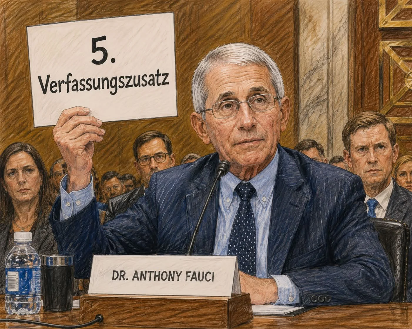 KI-generierte Zeichnung im Stil einer Gerichtsskizze: Anthony Fauci hält bei einer Anhörung ein Schild „5. Verfassungszusatz“ hoch