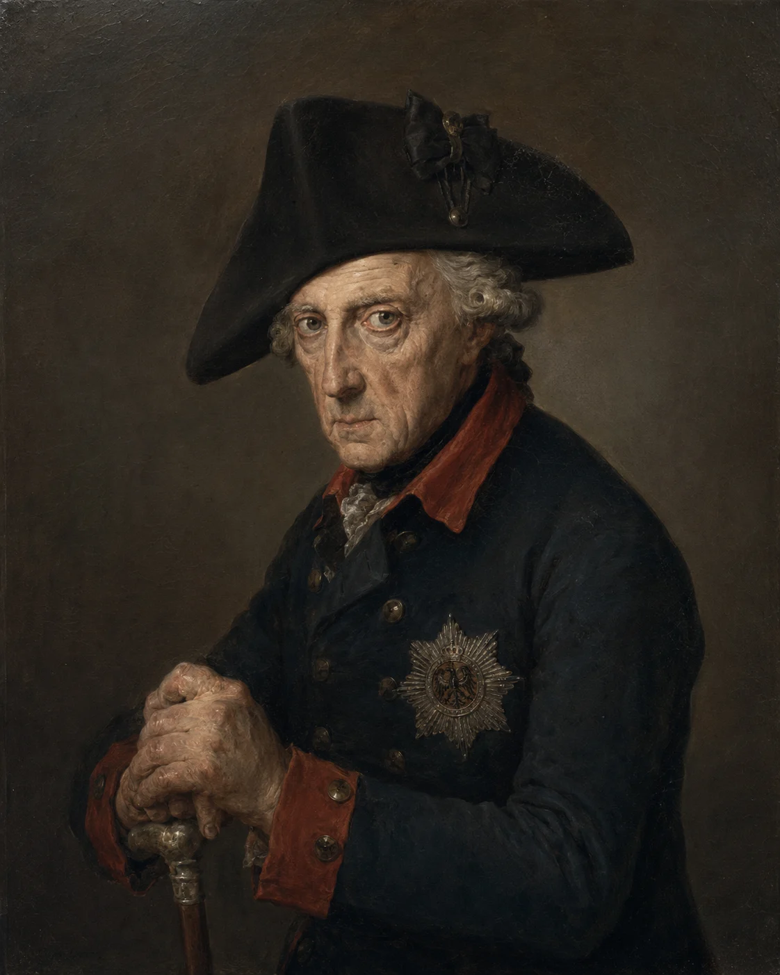 KI-generierte Illustration: Friedrich II. von Preußen als Altersbildnis im Stil der Malerei des 18. Jahrhunderts, mit Dreispitz, Ordensstern und Krückstock