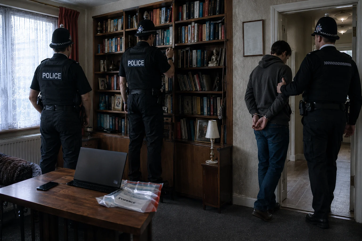 KI-generierte Illustration: Britische Polizisten führen in einer Wohnung einen Mann in Handschellen ab