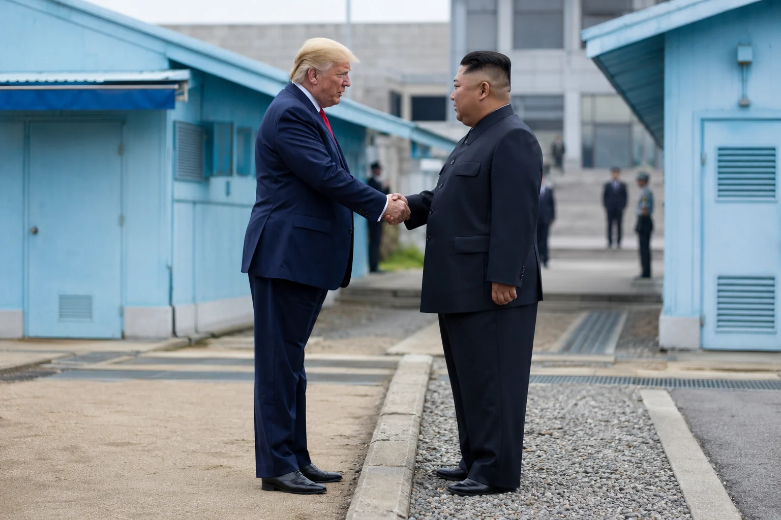 KI-generierte Illustration: Donald Trump und Kim Jong-un geben sich an der Demarkationslinie in Panmunjom die Hand