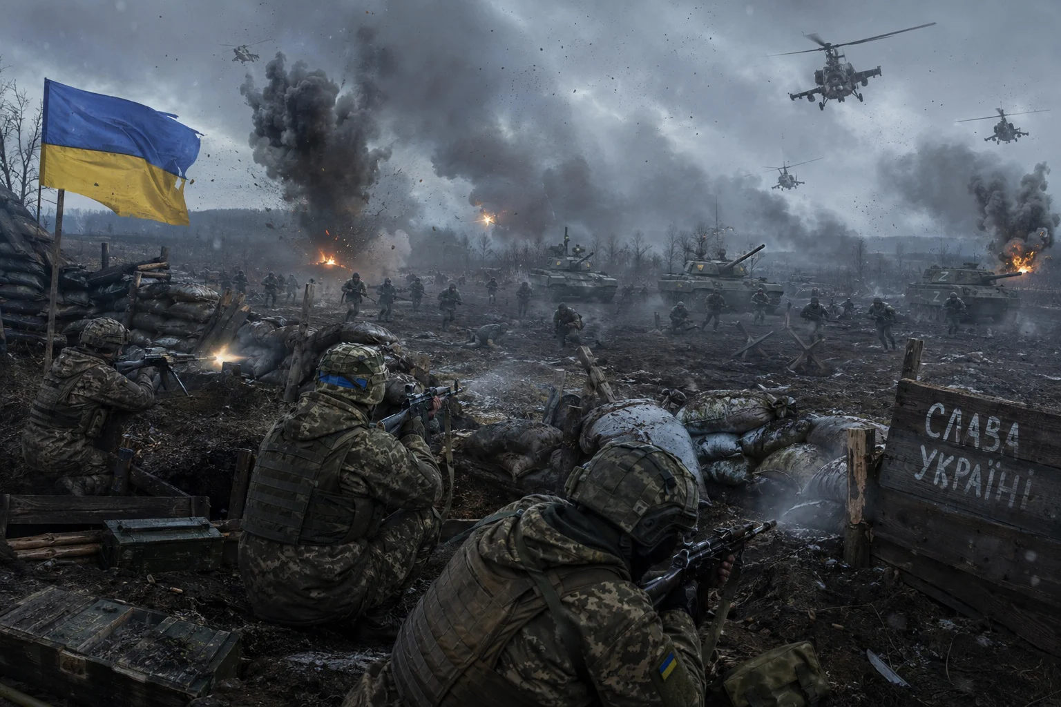 KI-generierte Illustration: Ukrainische Soldaten im Schützengraben, darüber Kampfhubschrauber und Rauch, daneben die ukrainische Flagge