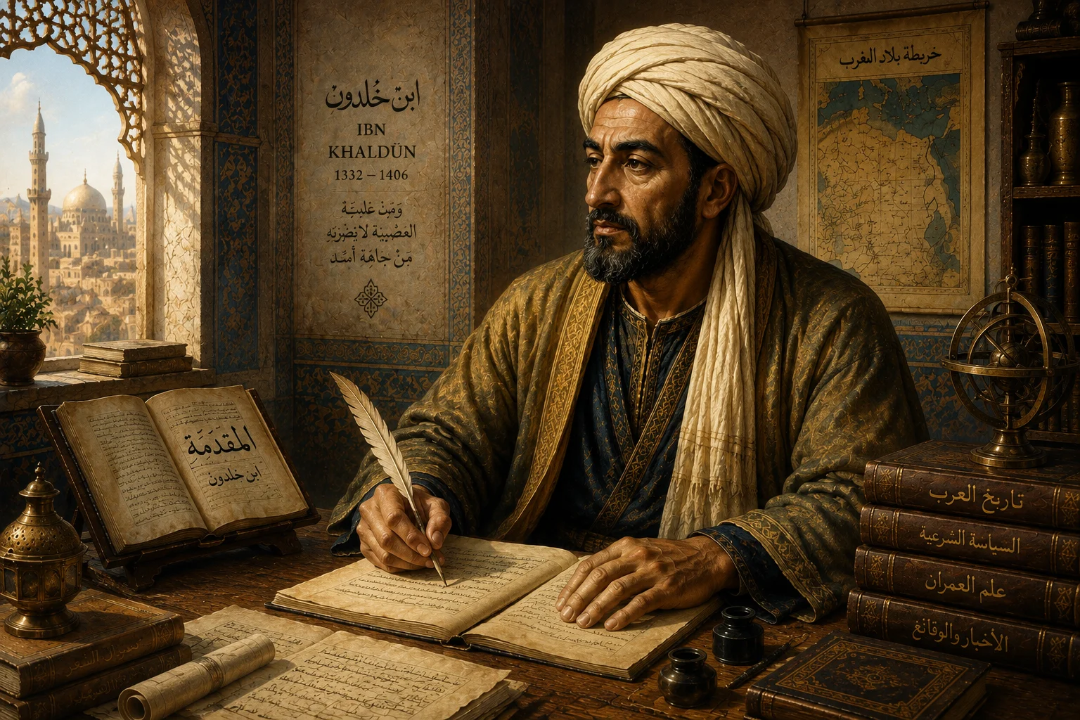KI-generierte Illustration: Der Gelehrte Ibn Khaldun schreibt an seiner Muqaddima, im Hintergrund eine orientalische Stadt