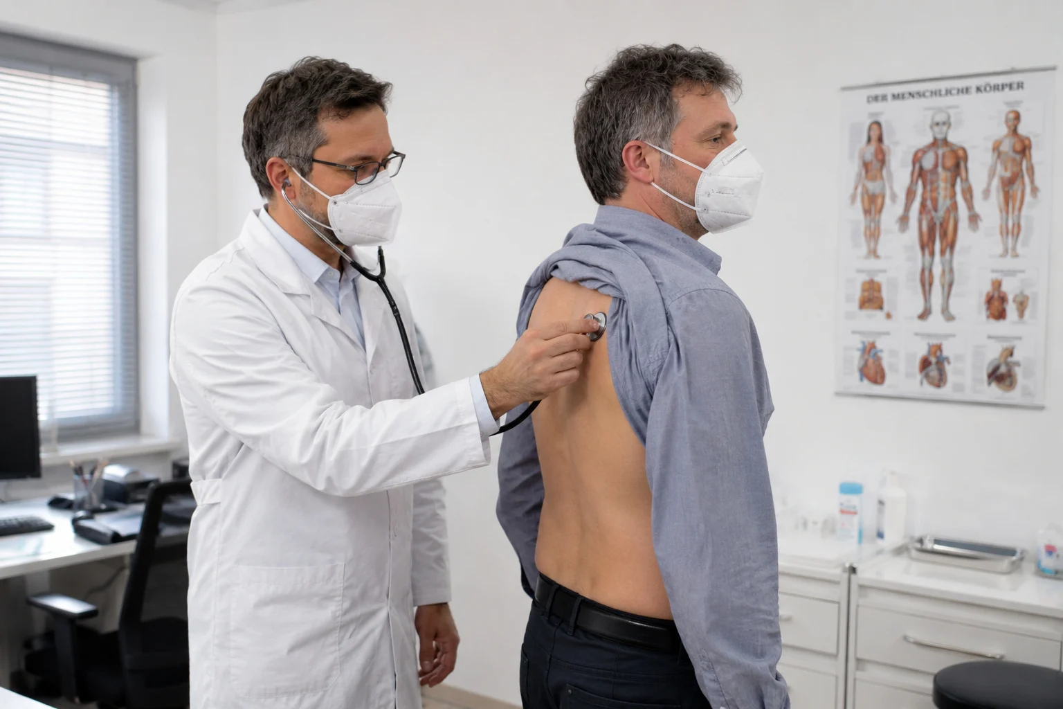 KI-generierte Illustration: Arzt mit FFP2-Maske hört einem Patienten den Rücken mit dem Stethoskop ab