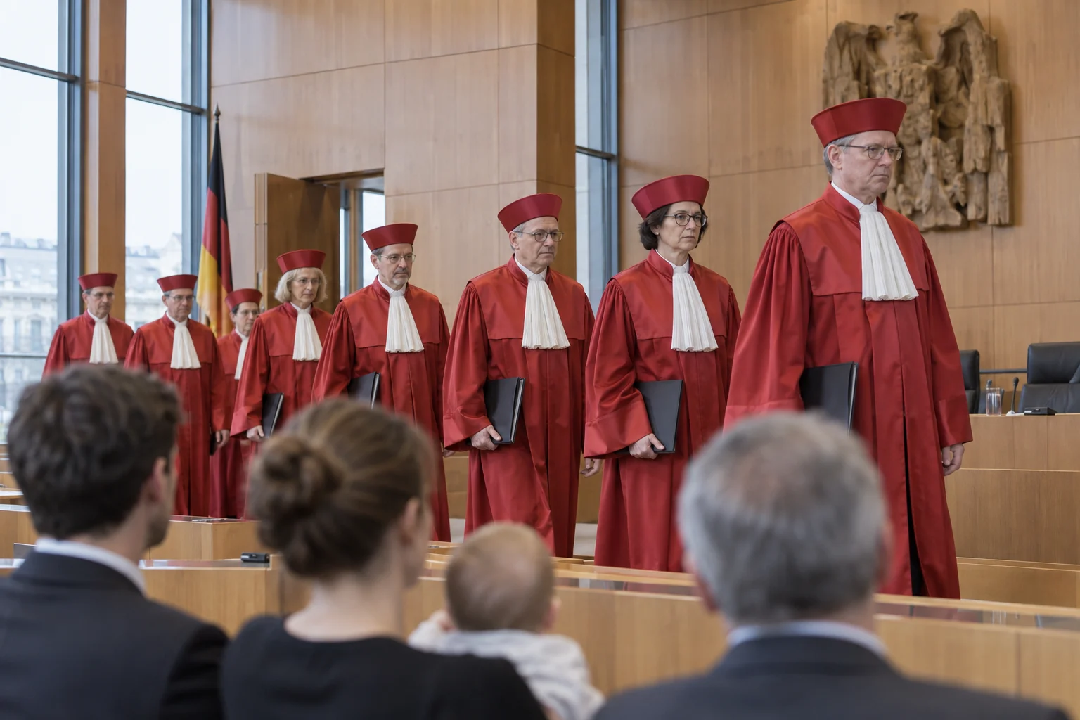 KI-generierte Illustration: Richter des Bundesverfassungsgerichts in roten Roben betreten den Sitzungssaal, im Vordergrund Zuschauer mit Kleinkind