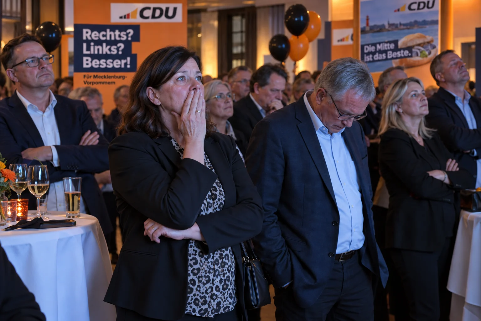 KI-generierte Illustration: Enttäuschte Gäste auf der Wahlparty der CDU Mecklenburg-Vorpommern