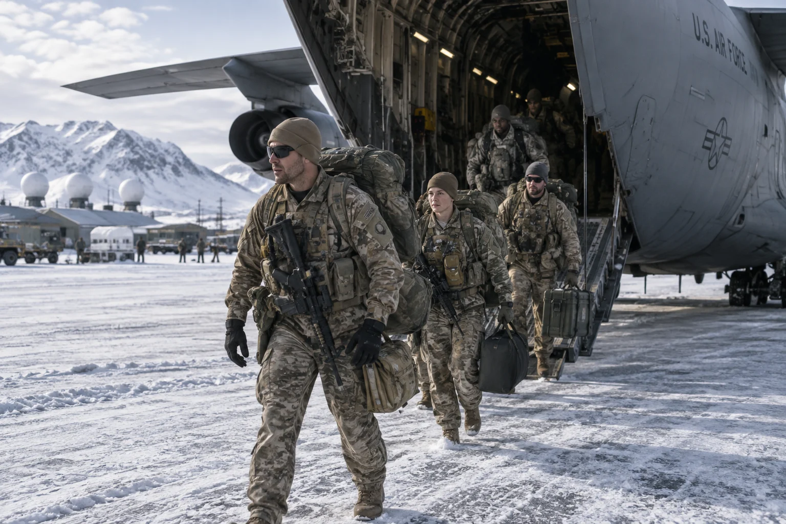 KI-generierte Illustration: US-Soldaten in Wintertarnung verlassen in Grönland ein Transportflugzeug der US Air Force