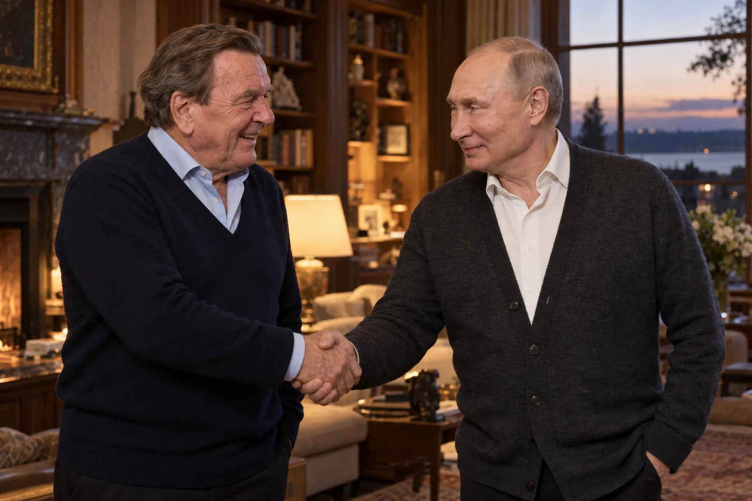 KI-generierte Illustration: Gerhard Schröder und Wladimir Putin geben sich in einem Kaminzimmer lächelnd die Hand