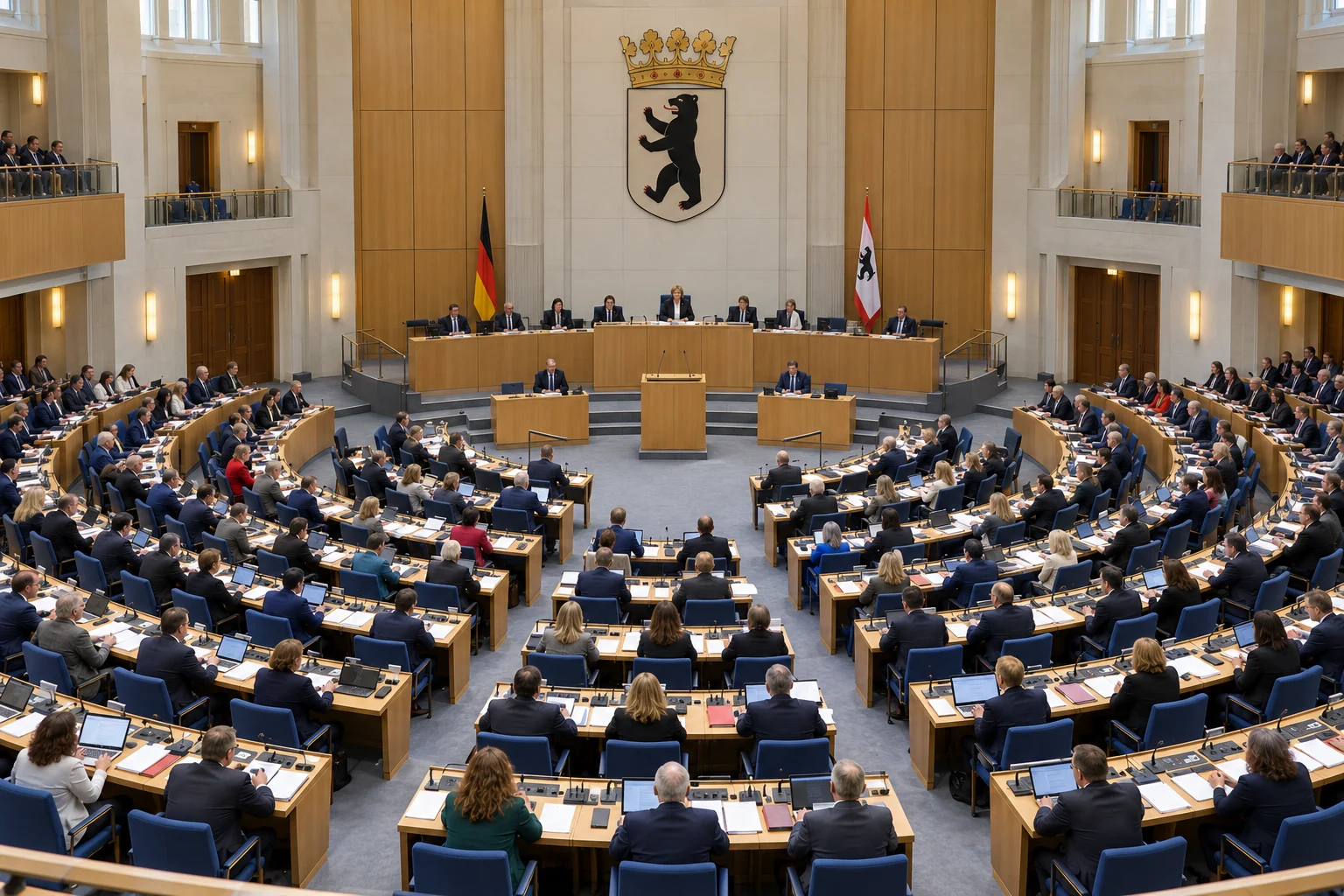 KI-generierte Illustration: Plenarsitzung im Berliner Abgeordnetenhaus, über dem Präsidium das Berliner Bärenwappen
