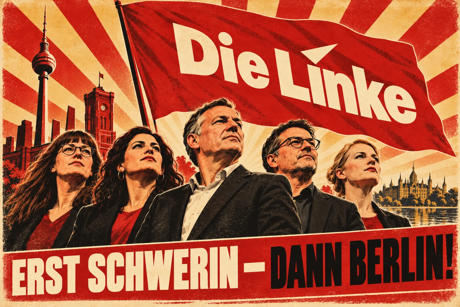 Plakat im Stil sowjetischer Propaganda: die Linken-Politiker Ines Schwerdtner, Elif Eralp, Jan van Aken, Hennis Herbst und Heidi Reichinnek blicken zu einer roten Fahne mit dem Schriftzug „Die Linke” auf, links der Berliner Fernsehturm und das Rote Rathaus, rechts das Schweriner Schloss, unten das Spruchband „Erst Schwerin – dann Berlin!”